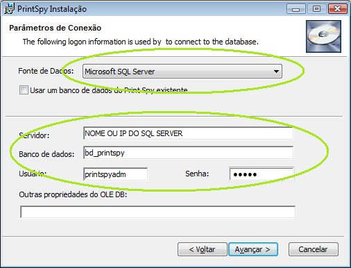 Exemplo de configuração da integração do PrintSpy com um banco de dados SQL Server