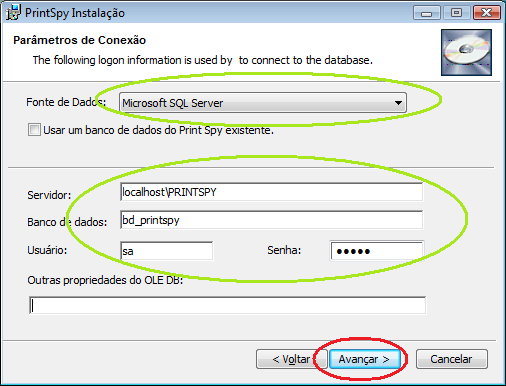 Exemplo de configuração com Microsoft SQL Express