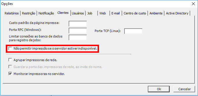 Opção 'Não permitir a impressão se o servidor estiver indisponíivel' disponível no menu Ferramentas/Opções, aba Clientes