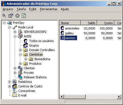 Administrador do PrintSpy ressaltando integração com usuários, impressoras e outros elementos do ambiente Windows