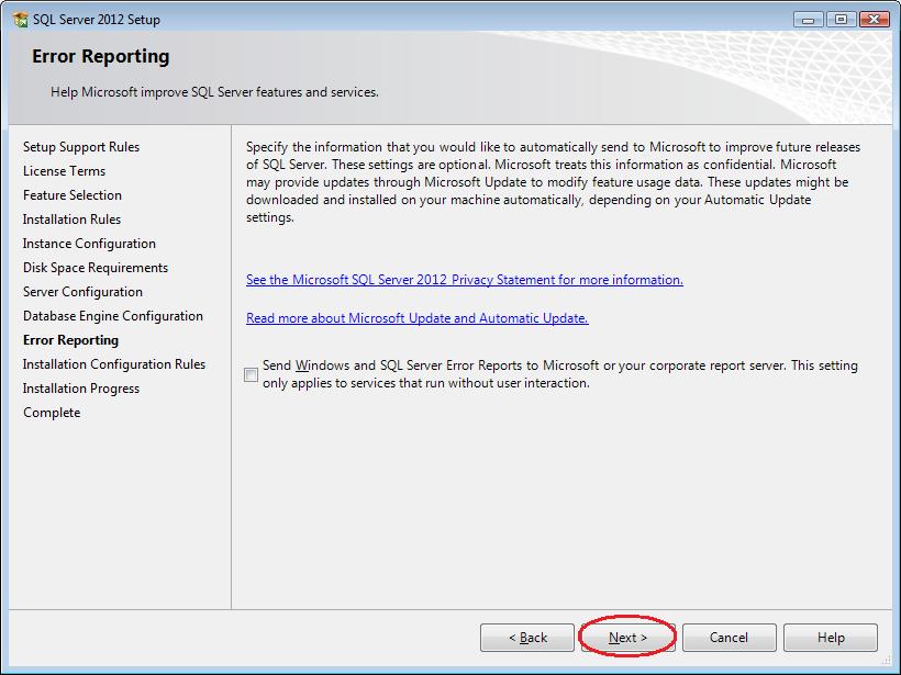 Configuração do relatório de erros do SQL Server Express 2012